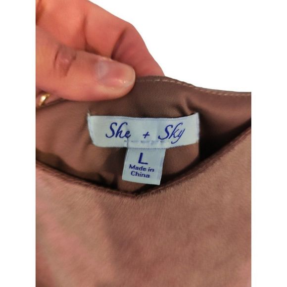 SHE & SKY Beige Pleated Dress Size Large Faux Suede Straps Fit & Flare A line - Picture 6 of 7